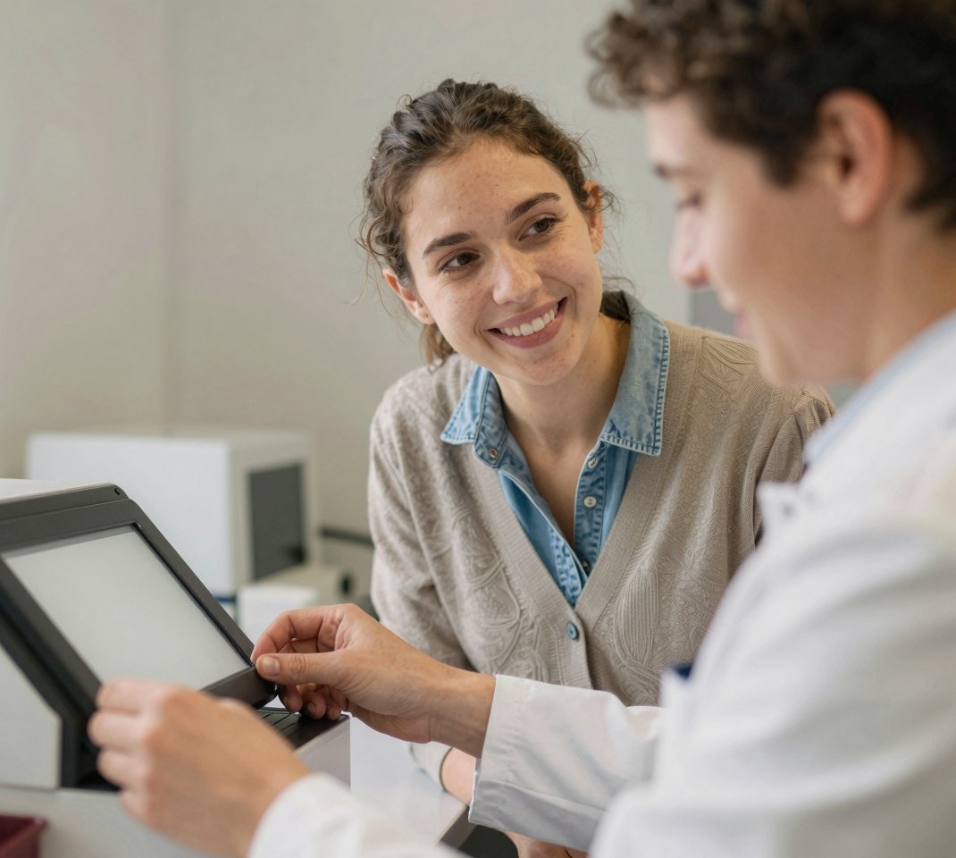 Pacientă zâmbitoare lângă un specialist care îi arată rezultatele pe ecranul unui aparat